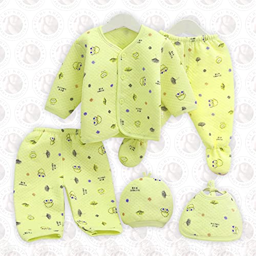 Image of GURU KRIPA BABY PRODUCTS Unisex Cotton New Born Winter Wear Keep Warm Cartoon Printed Clothes Fleece /Falalen Suit Infant 5 Pcs Sets Yellow For 0-3 Months