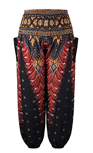 Xixiuly Men's Women Plus Size Harem Pants Hippie Pockets Boho Print Baggy Yoga Trousers (Brown Peacock A,One Size) #TOP5