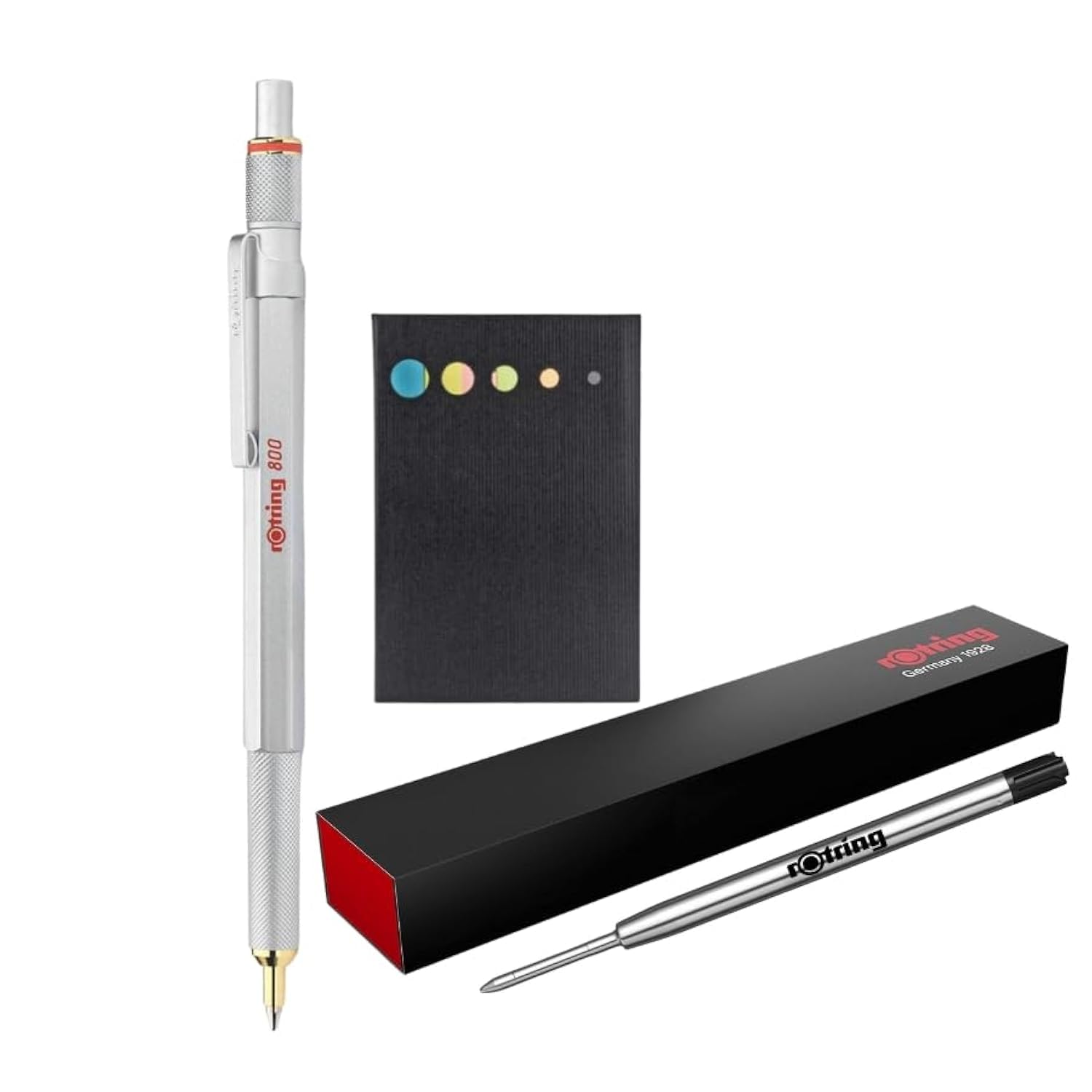 rOtring 800 Kugelschreiber, mittlere Spitze, schwarze Tinte, silberfarbener Schaft, Haftnotizen + zusätzliche Stiftmine