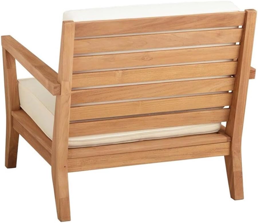 Pemberly Row 5-Piece Teak Outdoor Sofa Set, Natural Finish, Includes Loveseat, 2 Chairs, Coffee Table, Side Table, White All-Weather Cushions, Coastal Style Patio Furniture for Backyard Lounge Use