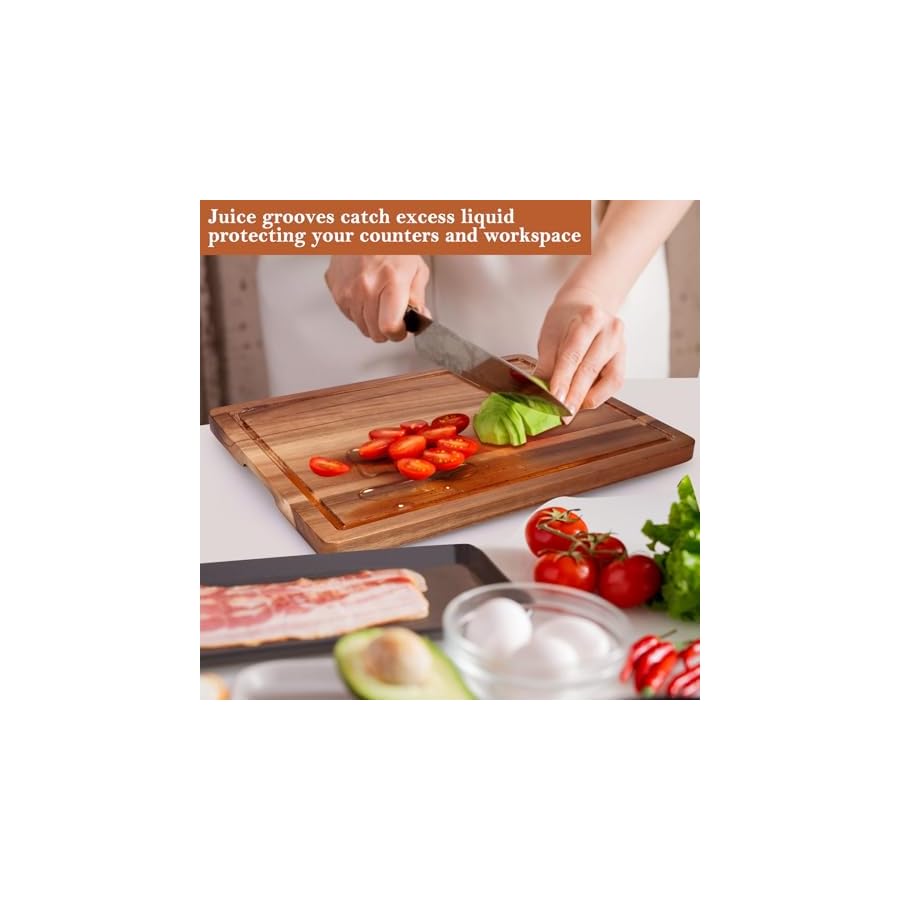 Gtencemen Acacia Wood Cutting Boards for Kitchen, Wooden Chopping Board with Side Handle and Juice Groove, 15" X 11" Carving Board, Butcher Block, Cheese Charcuterie Boards for Meat, Fruit, Steak
