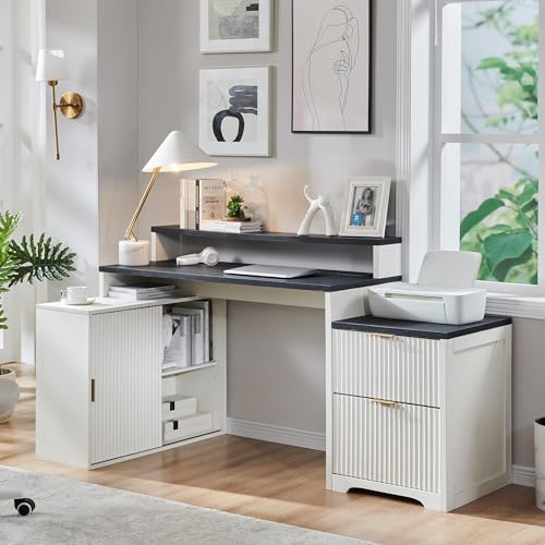 Image of 67 inchFluted Desk with Cabinet & 2 Drawers, Modern Office Desk Built‑in Outlet | Wood Home Office Desk, storage cabinet with sliding doors, Fluted Computer Writing Desk, Antique White