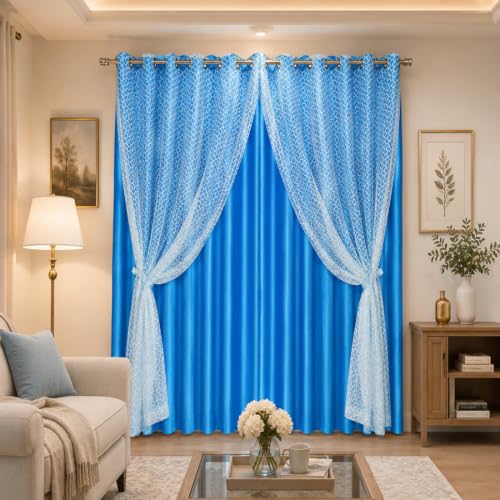 Image of Double Curtains 2 in 1 Embroidery Transparent with 80% Blackout Curtain Best for Every Interior Living Room Door Curtain (Sky Blue, 9 feet Set 2)
