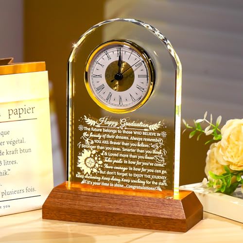 Image of Ornalrist Graduation Glass Clock Gifts for Him Her Graduation Keepsake with Wooden Light Base Class of 2026 Inspirational Graduate Gift for College High School Masters PHD Graduation Presents