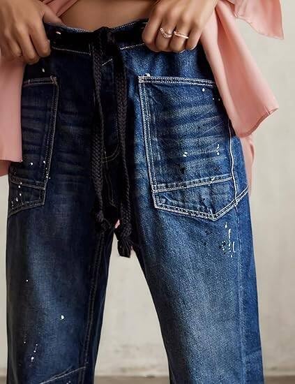 Womens Pull-On Barrel Jeans Mid-Low Rise Boyfriend Drawstring Ankle Baggy Elastic Waist Stretchy Boho Denim Pants - Image 3