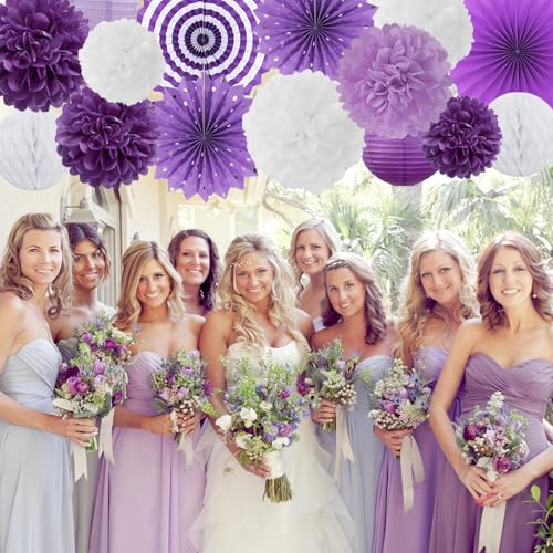 Image of Lavender-Purple White Graduation Party Decorations - 20pcs Paper Lanterns Fans,Tissue Pom Poms,Honeycomb Balls,Birthday Wedding Bridal Baby Shower Engagement Bachelorette Decor Burgleda