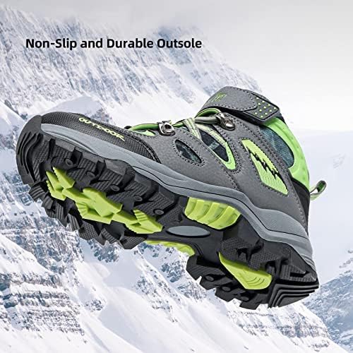 JMFCHI Kids Hiking Boots Boys Girls Outdoor Walking Climbing Sneaker Comfortable Non-slip Snow Shoes Hiker Boot Antiskid Steel Buckle Sole Grey Green 8 Big Kid - 2