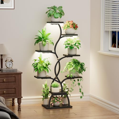 Image of Plant Stand Indoor with Grow Light - 8 Tiered Corner Plant Shelf Indoor | 49 inch Plant Holder with Lights for Indoor Growing, Tall Lighted Flower Stand for Living Room, Balcony, Black