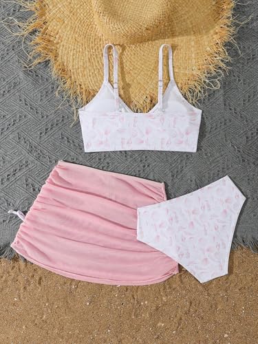 Image of COZYEASE Girls' 3 Piece Set Floral Print Bikini Swimsuit with Drawstring Beach Skirt Cute Ruched Bathing Suit