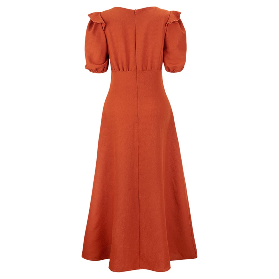 Vestido de oficina para mujer, cuello redondo, manga abombada, de verano, de cintura alta, ajustado, para fiesta