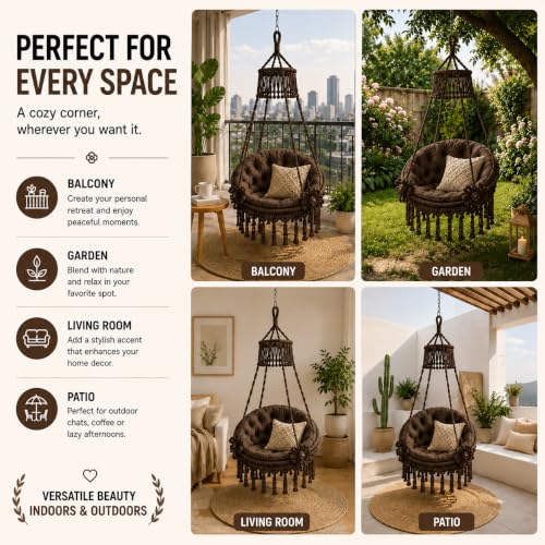 Image of Premium King Size Hammock Chair Swing with Cushion, 200kg Capacity | Indoor Outdoor Heavy Duty Adults & Kids Hanging Jhula for Home, Garden, Patio & Balcony | 1 Year Warranty (Brown)