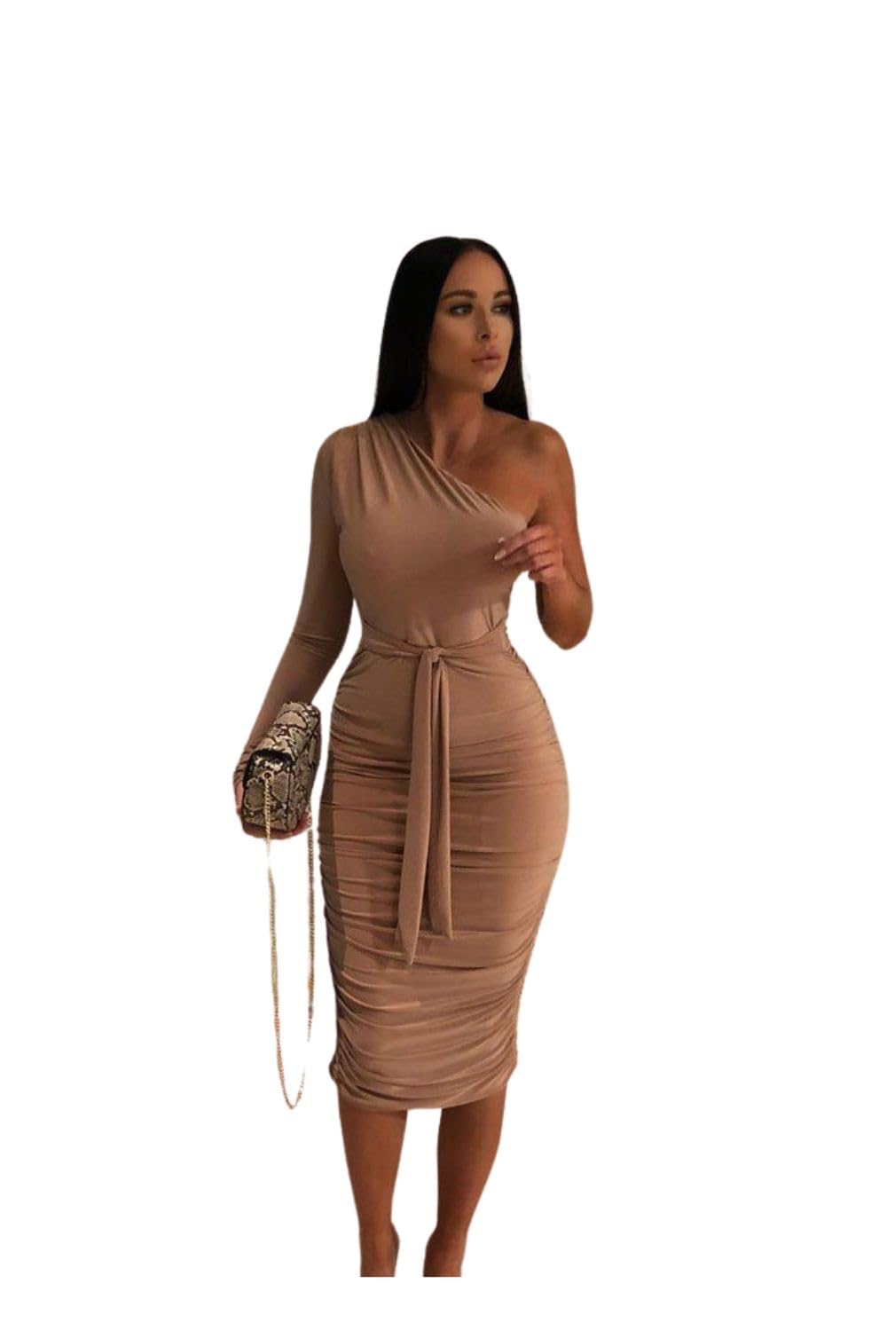Femme Luxe One Shoulder Ruched Slinky Midi Dress - Savannah - Stone - 16