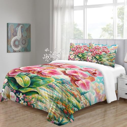 Housse de couette King imprimée 3D orchidée en tissu microfibre premium