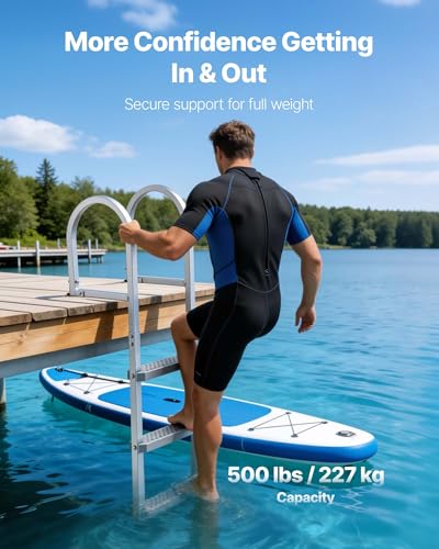 Image of VEVOR Removable Dock Ladder, 3 Steps, Aluminum Alloy Pontoon Boat Swim Ladder, with Non-Slip Wide PP Steps, 500 lbs Weight Capacity, Quick Release Design, for Lake Swimming, Pool, Marine Boarding