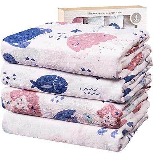 Viviland Baby Decke, Musselin Tuch für Neugeborene, Bambus Baumwolle Baby Blanket Empfangsdecke für Jungen & Mädchen, Muslin Mulltücher Baby Spucktücher, Meerjungfrau & Meer 4 Packs 120x120cm