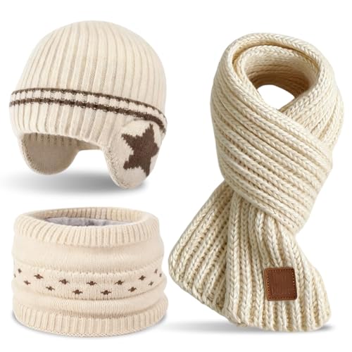 JhavexToy set van wintermuts, sjaal en handschoenen voor kinderen, warme thermo-gebreide muts met kwast, halswarmer sjaal, geschenk voor meisjes en jongens 4-10 jaar, beige, Eén maat