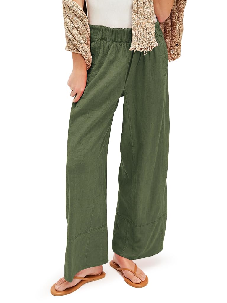 Yousify Womens Summer Wide Leg Pants Casual Loose Elastic Hight Waisted Cotton Palazzo Pants Beach Travel Outfits