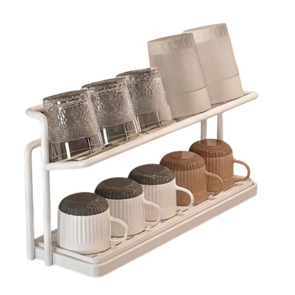 Hndhbfgrt Cup Holder, Countertop Storage Rack for Glass, Coffee, Tea Cups- Double-Layer Drain Tray Dining Table