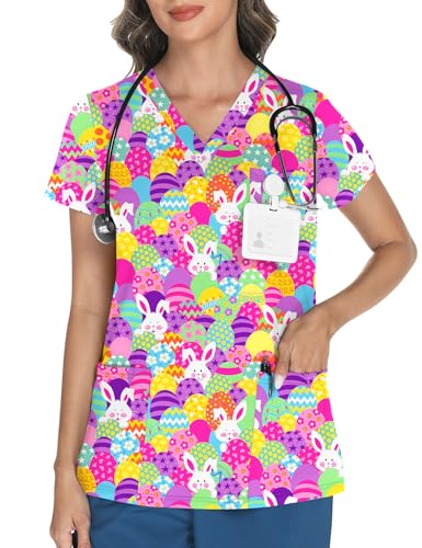 LOMON Easter Scrubs for Women V Neck Print Scrub...