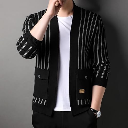 Suéter masculino primavera e outono tricotado listras verticais casaco cardigã casual roupas de mang
