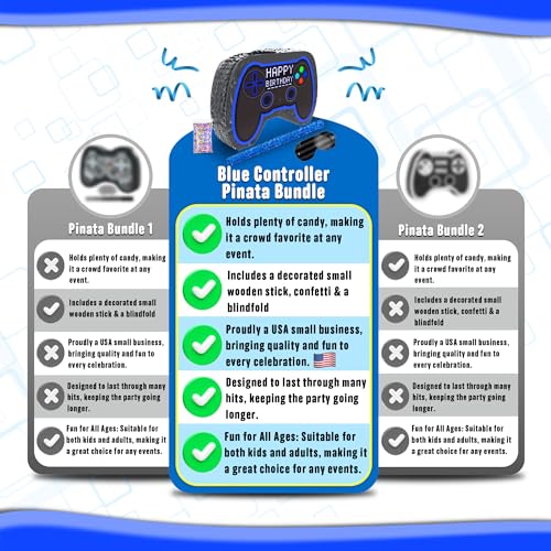 Jergrim Blue Video Game Controller Piñata (Small Stick Included) 17”x11”x 3” Perfect for Birthday Gamer Parties, Party Decor, Gaming theme parties and other Decorations