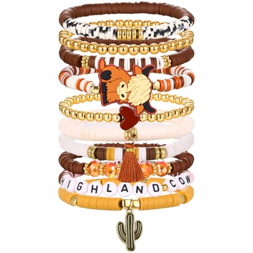 Leitee 10 Pcs Highland Cow Gifts for Women Heishi Surfer Bracelet Polymer Clay Stretch Bracelets Jewelry Party Favor Supplies