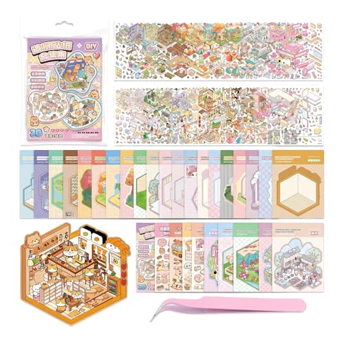 Image of 20 Sets DIY 3D Scene Sticker Book for Adults with Tweezers, 3D House Stickers Kit, Make Your Own Supermarket Restaurant Arcade Scene Stickers