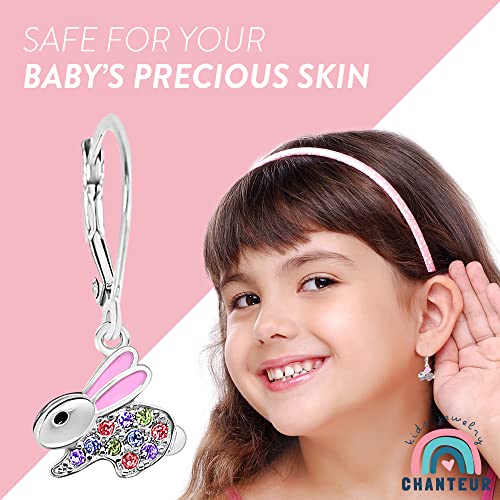 Kids Earrings - Mixed Color White Gold Tone Enamel Bunny Crystal Earrings With Silver Leverbacks Baby, Girls, Children, Tween #TOP4