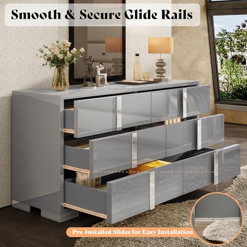 Image of AMERLIFE 54 inch W High Gloss 6 Drawers Dressers with Silver Grooved Handles, Modern Storage Chest of Drawers with Wide Tabletop, for Bedroom /Dressing Room /Living Room, Grey