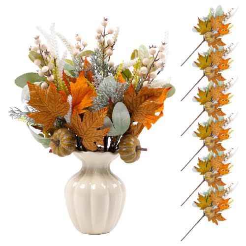 Image of 16 Inch 6Pcs Fall Picks Pumpkin Maple Leaf for Table Centerpiece | Artificial Fall Stems with Lamb's Ear Thanksgiving Centerpieces, Vase Filler, Floral Arrangements & Autumn Home Decor