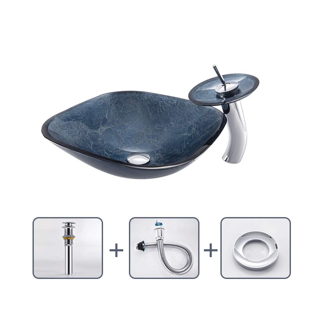 Aioneer Square Above Counter Vessel Sink Tempered Glass Starry Blue Bathroom Lavatory Bowl Round Bottom Artistic Basin Combo With Waterfall Faucet, Pop-Up Drain Set