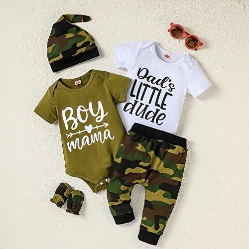 Puseky Baby Boy Clothes 6-12 Months Infant Boy Outfit Summer Newborn Gifts Short Sleeve Romper Top Camouflage Long Pants Hat Mittern Clothing Set Army Green #TOP2