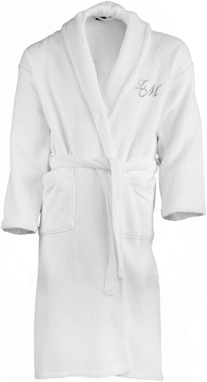 Hotel Edition White Waffle/Terry Men Bathrobe with Personalized Silver Letter and Name (XXL)