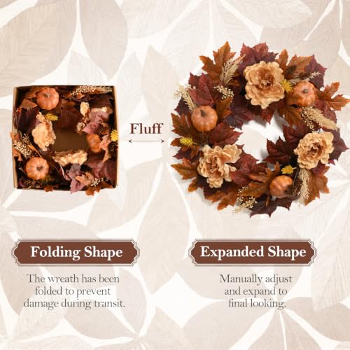 Image of DN DECONATION Fall Wreath for Front Door, Artificial Flowers for Outdoors | 22in, Brown Autumn Wreath, Artificial Fall Flowers, Maple Leaf Pumpkin Peony, Thanksgiving Harvest Farmhouse Home Decoration