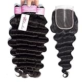 Brazilian Loose Deep Wave Human Hair Bundles with Closure 10A Virgin Unprocessed Human Hair Bundles (18 20 22+16) Mink Loose Deep Curly Hair Weave Bundles Remy Hair Extensions Natural Color