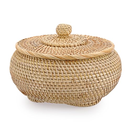 Hipiwe Round Rattan Basket Box with Lid Hand-Woven...