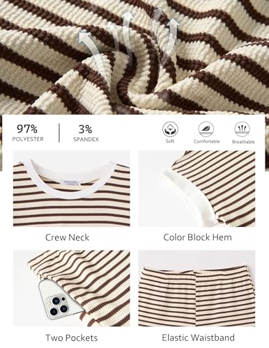Ekouaer 2 Piece Sets for Women Summer Outfits Cute Stripe Knit T Shirts Shorts Matching Lounge Set Brown Striped S