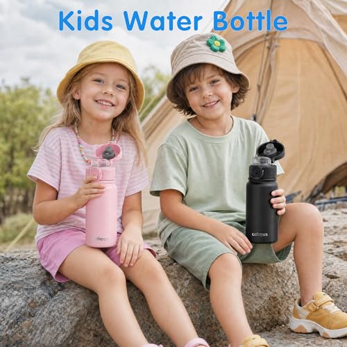 Image of GOPPUS Kids 12oz Insulated Stainless Steel Water Bottle, Leakproof Vacuum Tumbler with Carry Handle, Fits Cup Holders, Reusable Water Bottle for School Outdoor, Boys & Girls（Black）