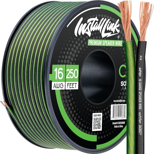 Image of Install Link 16 AWG Gauge Speaker Wire (250 Feet) Car or Home Theater (CCA) | 16 /2 Speaker Cable, 2-Conductor, Frosted Green /Black, Easy Strip, Polarity ID, for Car Audio & Home Stereo