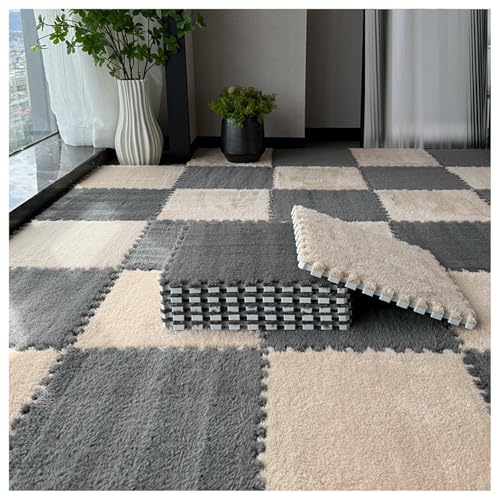 ZBORAVPIX baldosas de Piso de Espuma, Tapetes de Espuma entrelazados de Peluche, Paquete de 12, 30 x 30 cm, 10 mm, Multicolor(Gray+Light Brown)