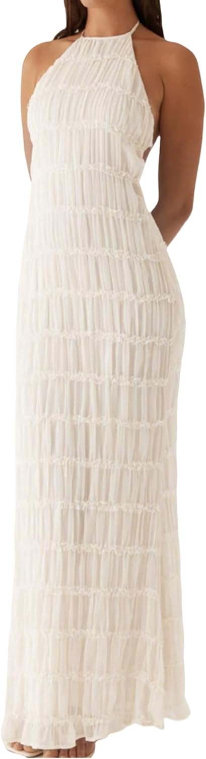 Women Lace Maxi Dress Halter Backless Summer Long Dress Pleated Tiered Ruffle Flowy Beach Dresses Maxi Sundresses - Image 7