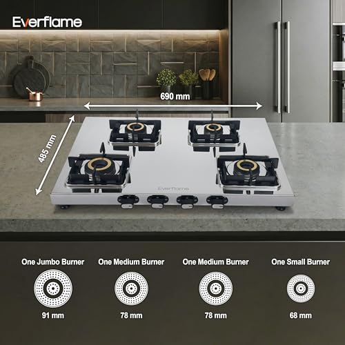 Image of Everflame Prime Gas Stove| 4 Burner Stainless Steel Stove | Manual Ignition | LPG Stove | Gas-Saver | (1.2MM)-Thick SS Body | Brass Burner | ISI Certified | 2 Years Product Warranty + Doorstep Service