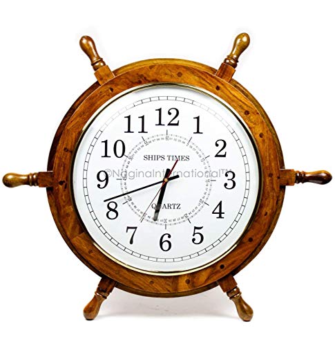 Nagina International Grande timone nautico in legno azzurro con orologio da capitano del tempo della nave, orologio decorativo per la casa dei pirati (45,7 cm, quadrante bianco)