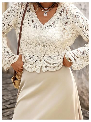 GORGLITTER Women's Boho Cardigan Crochet Lightweight Sheer Long Sleeve Button Up Fall Trendy 2025 Kimono Top4