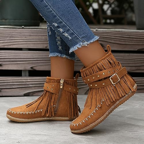 Womens Moccasins Fringe Ankle Boots Retro Suede Leather Tassel Studded Moccasins Shoes Non Slip Flat Heel Fall Winter Casual Fashion Booties with Zipper4