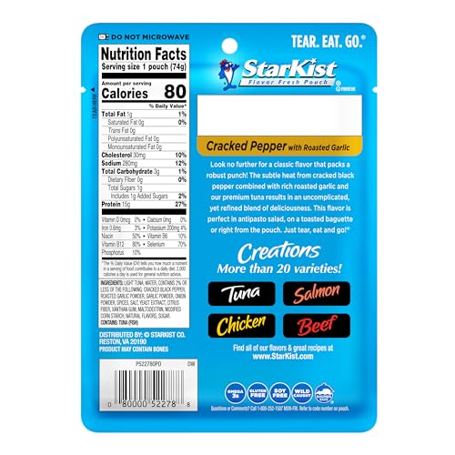 Image of StarKist Tuna Creations Cracked Pepper & Roasted Garlic, 2.6oz, 1-Pack | 16g Protein Per Serving, Wild Caught, Shelf Stable Seafood, Gluten Free, Soy Free, No Draining, Ready to Eat for Salads