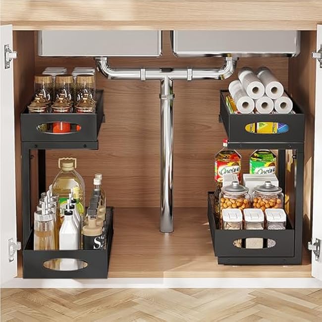 Under Sink Organizer, 2-Tier Put Out Cabinet Organizer, Adjustable Rust Proof Under Sink Organizers and Storage, Kitchen Undersink Organizers for Kitchen, Bathroom, Cabinet, Counter, 2 Pack, Black