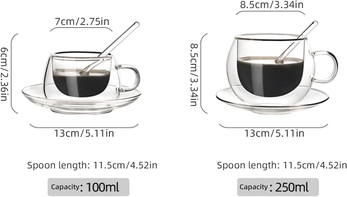Asodomo Espresso Cups with Saucers and Spoons Set of 2, 250ml/8.5oz Double Wall Insulated Glass Cups Clear Coffee Mugs with Handle for Hot and Cold Tea Cappuccino Latte