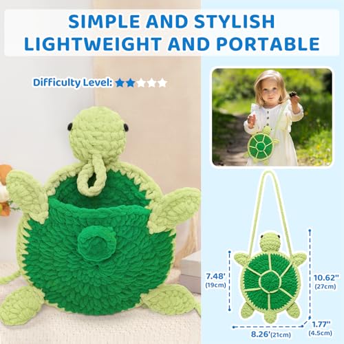 Image of Mewaii Crochet Kit for Beginners Level 2 with 40% Extra Eco-Friendly Pre-Started Easy Yarn, Step-by-Step Video Tutorials for Adults and Kids (Turtle Crossbody Bag)