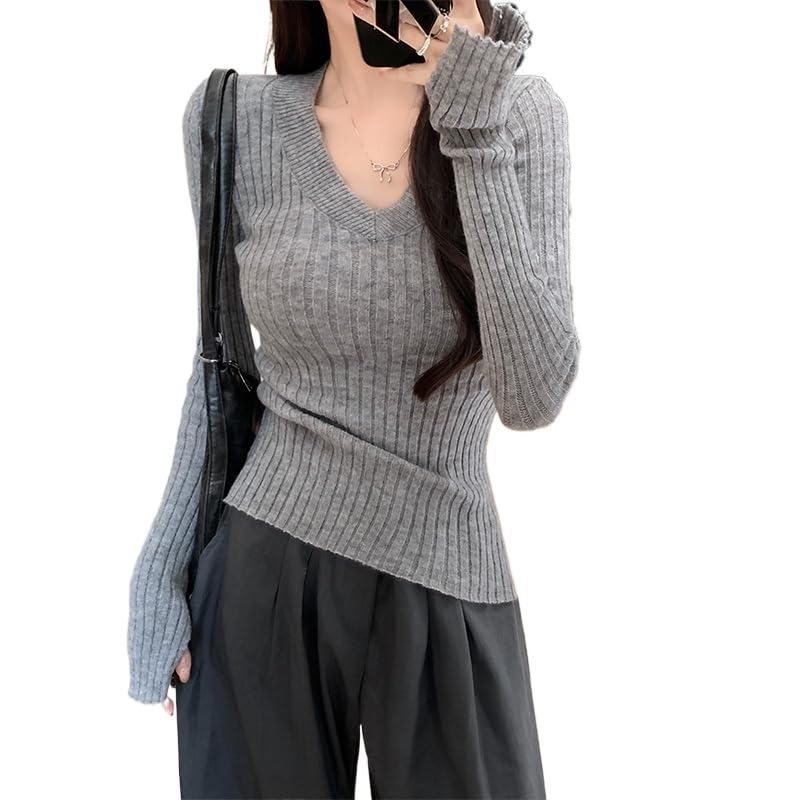 Womens Long Sleeve V Neck Slim Fit Knitted Sweater Lightweight Basic Tops